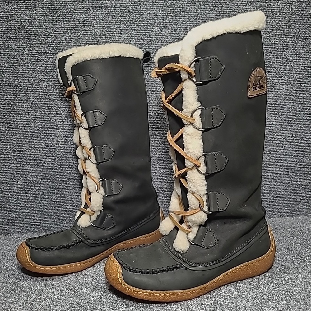 Sorel Chugalug Tall Black Leather Winter Boots Women Size 8 Sherpa Lace
